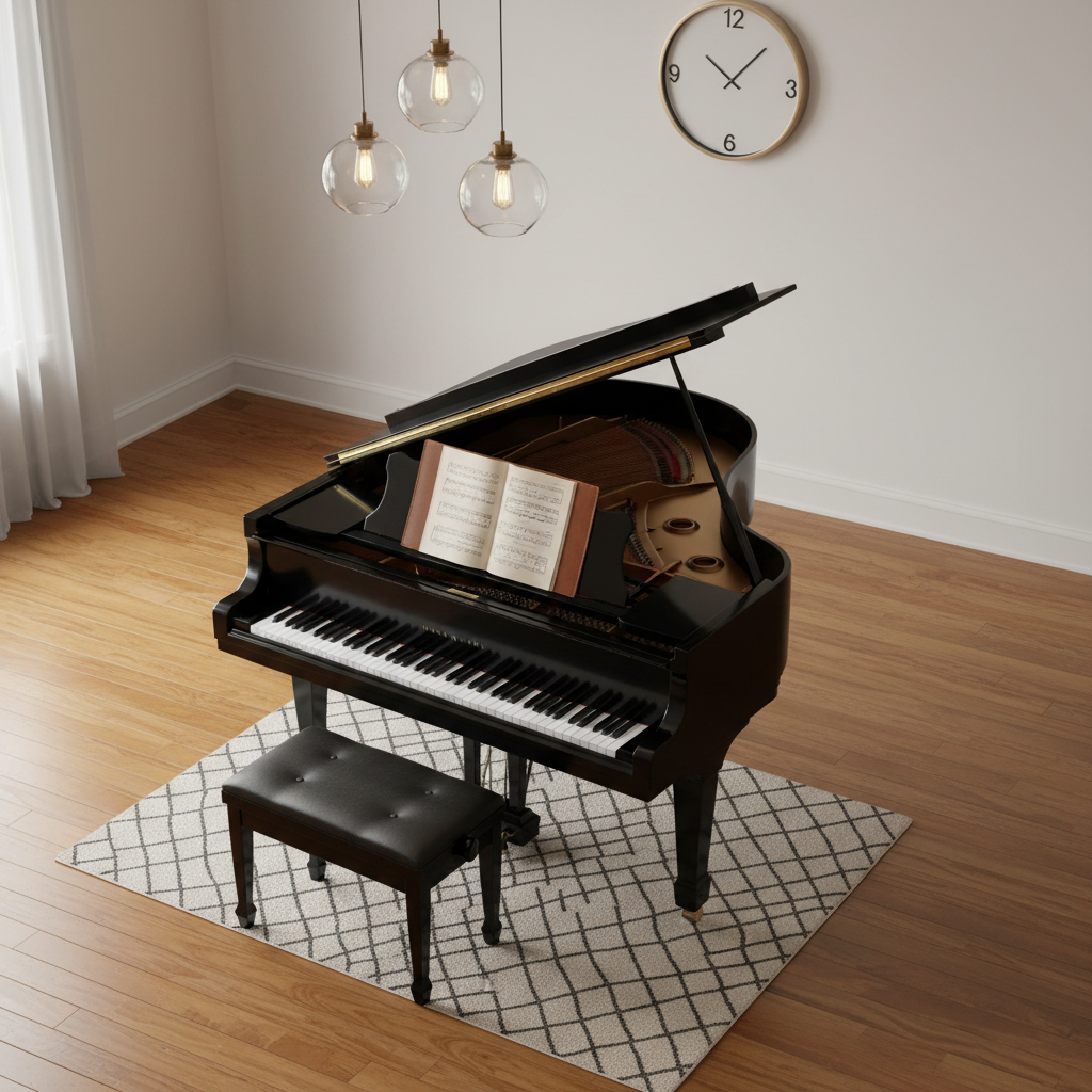 An elegant overhead, three-quarter view of a polished grand piano and matching bench in a dedicated lesson area, the instrument angled diagonally across rich, honey-toned hardwood floors. On the fallboard, a leather-bound score is open, pages slightly curved. Nearby, a tasteful area rug with a subtle geometric pattern anchors the space, and a discreet wall clock suggests structured lesson time. Soft, warm pendant lighting from above combines with faint natural light from an unseen window, creating gentle reflections on the piano’s lid. Photographic realism with balanced composition and moderate depth of field. The atmosphere feels focused yet inviting, perfect for one-on-one instruction.