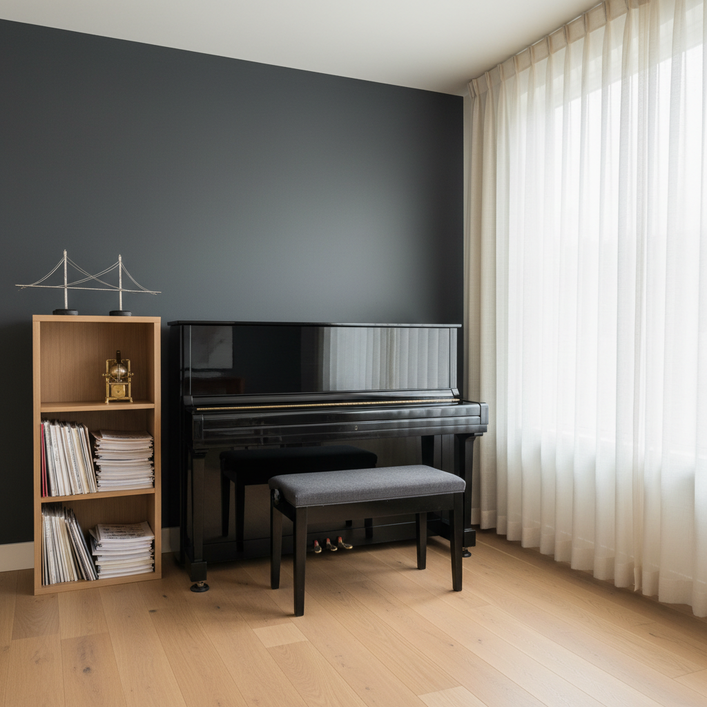 A refined piano teaching space featuring a glossy black studio upright piano positioned against a deep charcoal accent wall, with a sleek, cushioned piano bench in dark gray fabric. To the side, a minimalist wooden shelf holds neatly stacked sheet music and a metronome, while a subtle decorative element hints at the nearby Narrows bridge. Gentle overcast daylight streams through a large side window, diffused by sheer curtains, casting soft, even illumination with minimal shadows. Photographic realism with a slightly wide, eye-level angle that shows the entire teaching corner. The mood is professional, composed, and welcoming, ideal for serious private piano study in Tacoma.