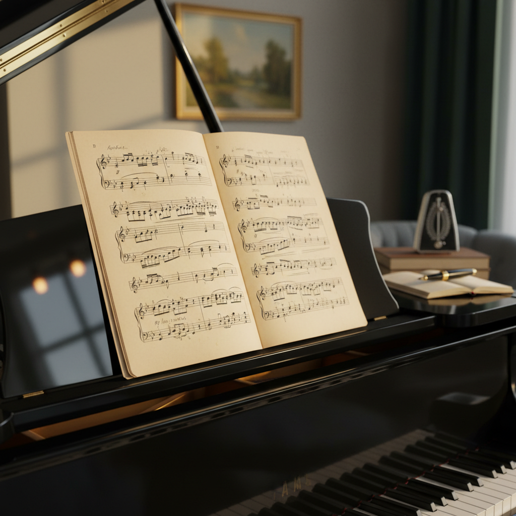 A detailed close-up of an open sheet music score resting on a black wooden music stand attached to a studio upright piano. The pages are slightly worn and curved, conveying regular use, while the piano’s glossy finish reflects faint shapes of the studio behind. In the softly blurred background, a sophisticated Tacoma lesson room is suggested by a muted color palette, a tastefully framed landscape, and a tidy corner with a metronome and practice notebook. Late afternoon light enters from an unseen side window, creating warm highlights on the paper and gentle shadows along the notes. Photographic realism, with the composition emphasizing dedication and quiet concentration in piano study.