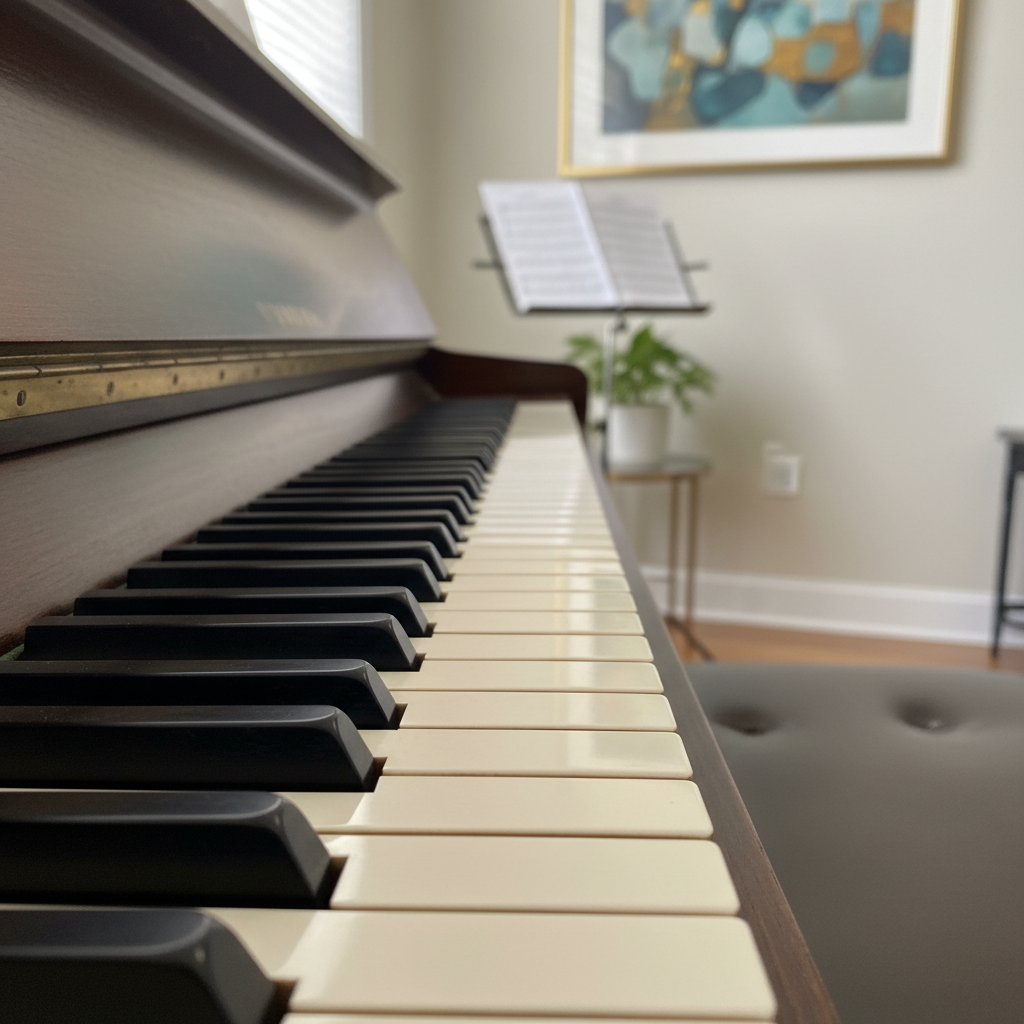A close-up, photographic view of an upright piano’s ivory and ebony keys, captured from one end of the keyboard looking down its length. The keys show subtle texture and a soft satin sheen, resting against a matte, dark wood fallboard. In the background, out of focus, a neat Tacoma piano studio interior appears with a tidy music stand, a small potted plant, and a framed abstract print. Soft morning light from a nearby window grazes the keys, creating delicate highlights and rhythmic shadows. Shot with shallow depth of field for an intimate, refined atmosphere that suggests quiet practice and careful instruction.